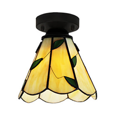 Vintage Stained Glass Conic Ceiling Light Fixture In White/Clear/Beige For Bedroom