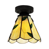 Vintage Stained Glass Conic Ceiling Light Fixture In White/Clear/Beige For Bedroom
