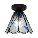 Vintage Stained Glass Conic Ceiling Light Fixture In White/Clear/Beige For Bedroom Clear