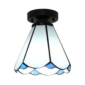 Vintage Stained Glass Conic Ceiling Light Fixture In White/Clear/Beige For Bedroom White