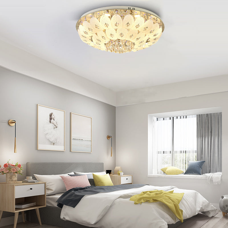 Contemporary Crystal Ceiling Light Fixture - Domed Flush Mount 7/13 Heads 23.5/31.5 Wide White