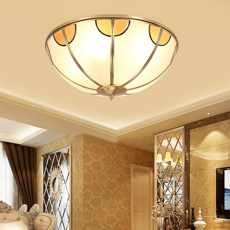 Sandblasted Glass Dome Colonial Brass Ceiling Light - 3-Light Flush Mount For Living Room
