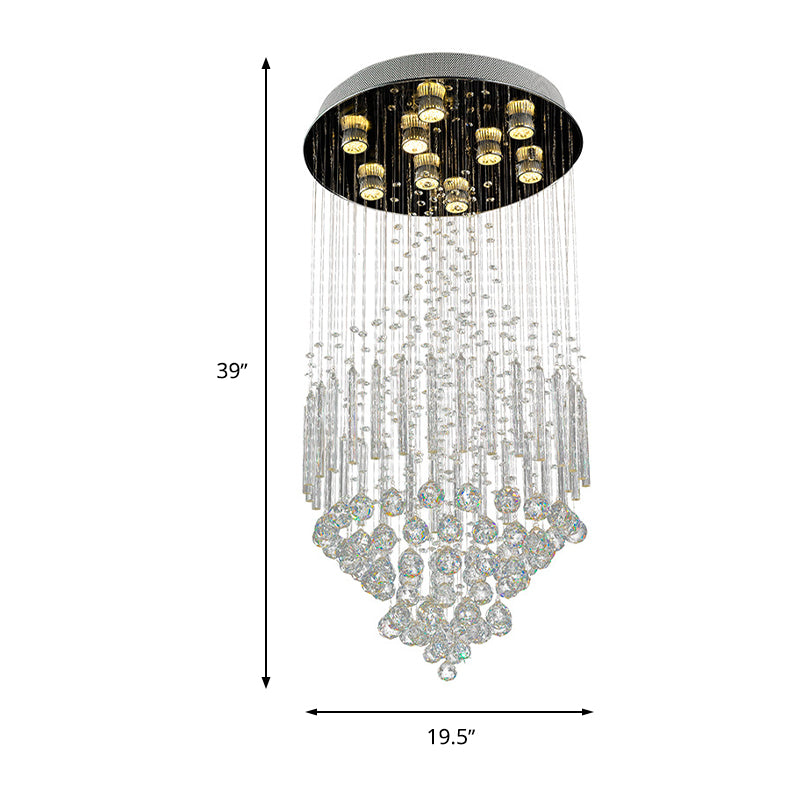 Clear Crystal Conical Flush Mount With 9 Lights - Minimalist White Light For Living Room