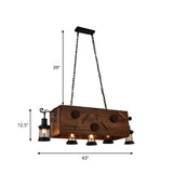 Retro Style 5-Light Kitchen Chandelier: Rectangle Design With Light Wood And Metal Lantern Shade