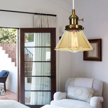 Height Adjustable Industrial Conic Hanging Lamp - Amber/Clear Glass 1-Light Pendant Lighting For