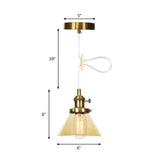Vintage Style Conical Hanging Pendant Light Fixture - Amber/Clear Glass And Metal 1 Head Kitchen