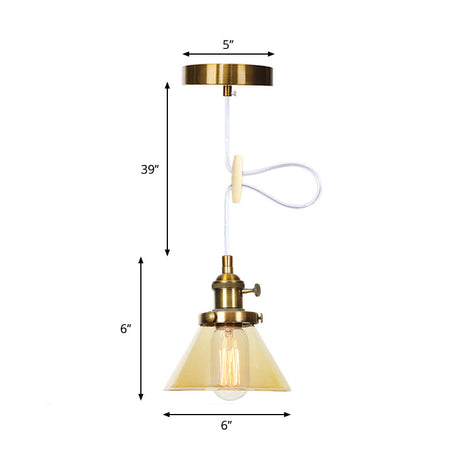 Vintage Style Conical Hanging Pendant Light Fixture - Amber/Clear Glass And Metal 1 Head Kitchen