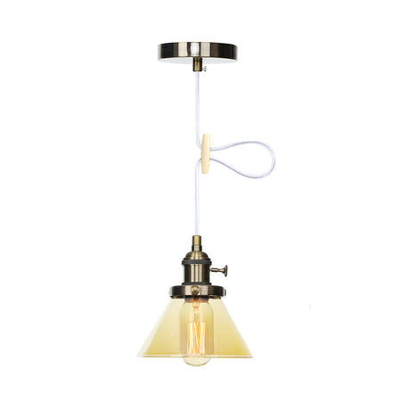 Vintage Style Conical Hanging Pendant Light Fixture - Amber/Clear Glass And Metal 1 Head Kitchen