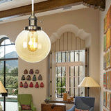 Farmhouse Hanging Pendant Light With Adjustable Cord And Amber/Clear Glass In Black/Bronze/Brass