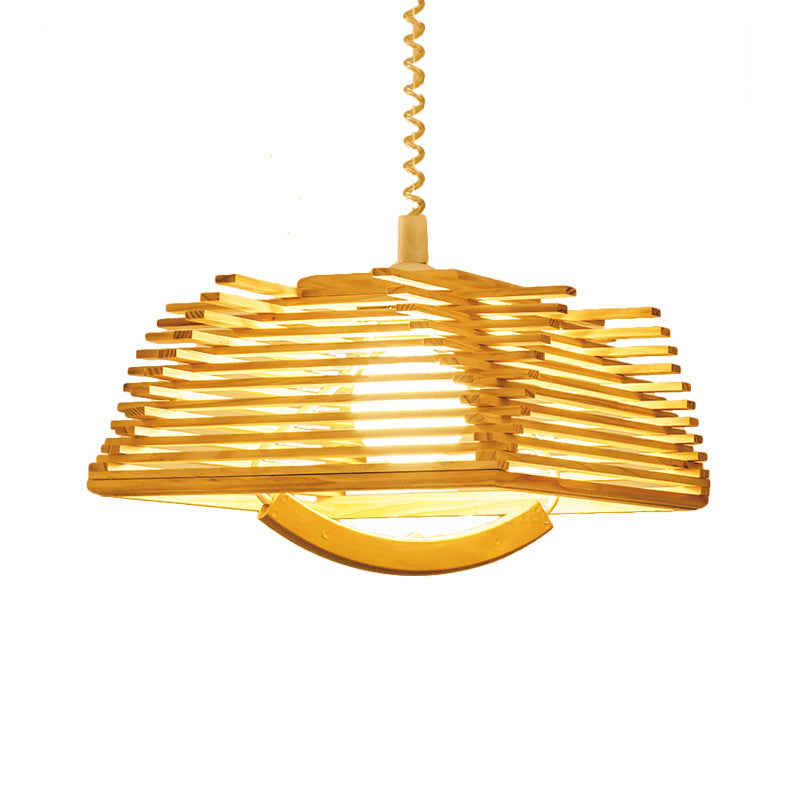 Wooden Shade Modernist Pendant Light Fixture - Beige Tapered Hanging Lamp (1 Bulb)