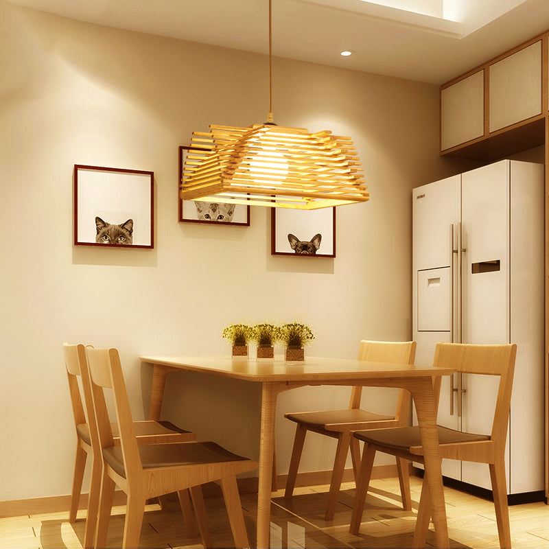 Wooden Shade Modernist Pendant Light Fixture - Beige Tapered Hanging Lamp (1 Bulb)