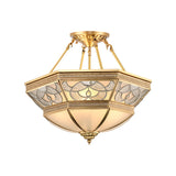 Vintage Frosted Glass Brass Bowl Semi Flush Mount - 4 Lights Living Room Lighting