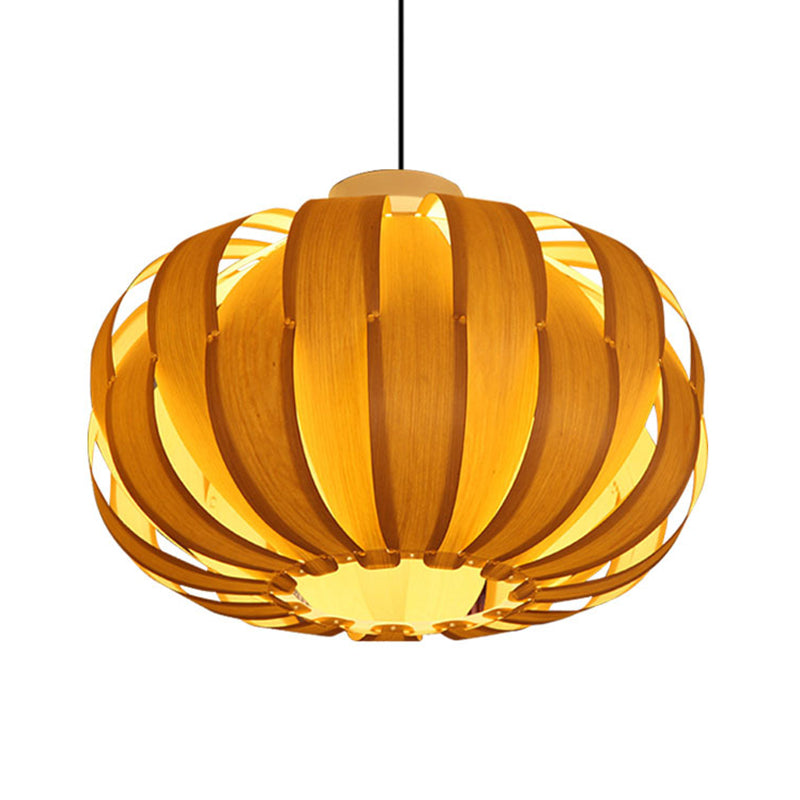Beige Lantern Pendant Light With Wooden Shade - Modern 1-Bulb Fixture