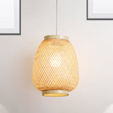 Traditional Bamboo Lantern Pendant Light For Teahouse - 1 Bulb Hanging Lamp Kit Wood