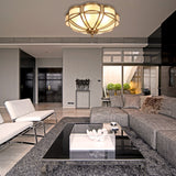 Classic Brass Domed Flush Mount Fixture With Frosted Glass Panel - 3/4/6 Lights For Bedroom
