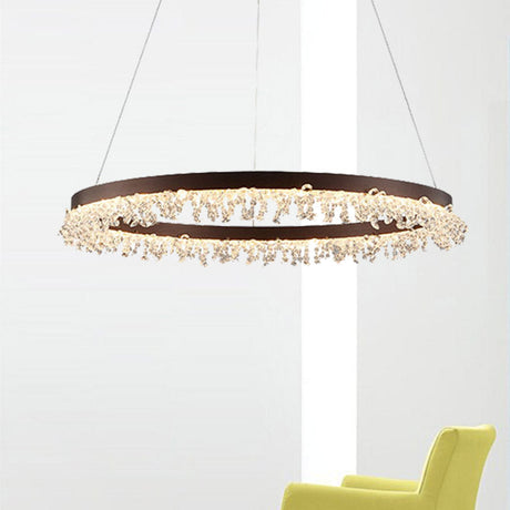 Crystal Beaded Ring Pendant Light Kit With Brown Led Chandelier - Simple Style Available In 16/23.5