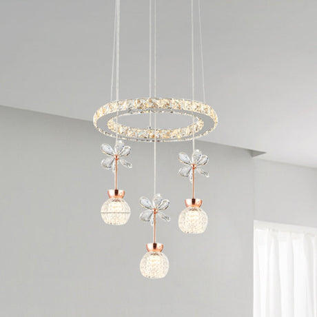 Contemporary Chandelier Pendant Light With Chrome Circle/Gear Design Crystal Dimpled Shade - 1/3/5