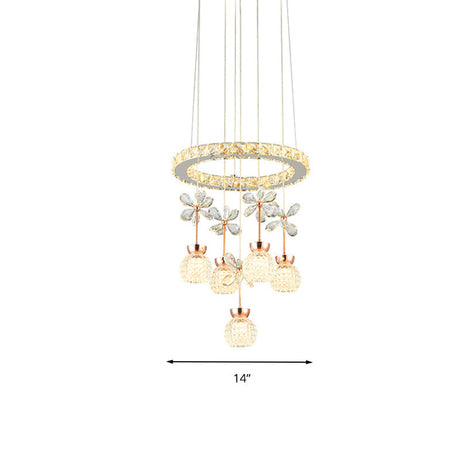 Contemporary Chandelier Pendant Light With Chrome Circle/Gear Design Crystal Dimpled Shade - 1/3/5