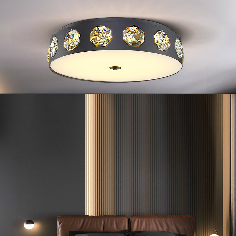 Modern Crystal Led Flush Light In Grey Drum Shape - Ideal For Living Room Ceiling 18/21.5 Dia