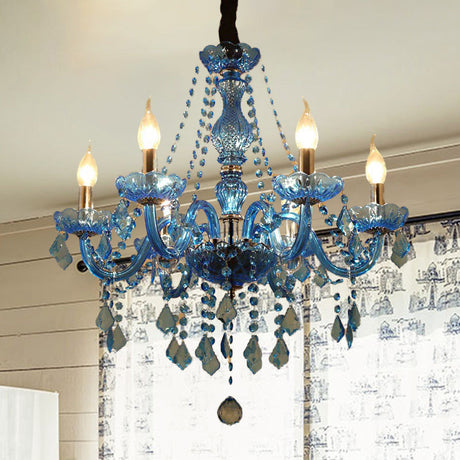 Modern Crystal Pendant Chandelier With Blue Hanging Light - 6/18 Bulbs Candle/Bell Design