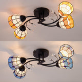 Stained Glass Bell Semi Flushmount With Crystal Decoration And Leaf/Blue Square/Sky Blue