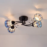 Stained Glass Bell Semi Flushmount With Crystal Decoration And Leaf/Blue Square/Sky Blue