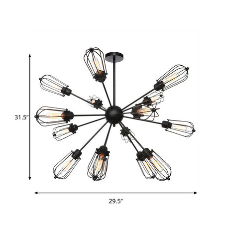 Industrial Metal Bulb Cage Chandelier - Warehouse Style 9/12/15 Heads Black Hanging Lamp For Living