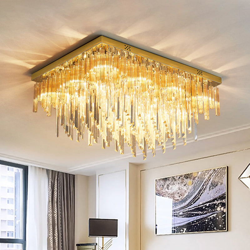 Modern 9-Light Clear Crystal Flush Mount Ceiling Light With Tiered Design And Rectangle Canopy