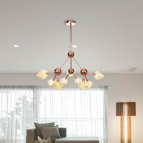 Diamond Farmhouse Chandelier Lamp - Amber/Clear Glass 3/9/12 Lights Hangs 13/27.5/34 Wide