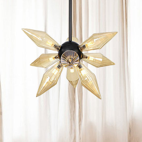 Industrial Pendant Chandelier With Amber/Clear Ribbed Glass And Starburst Design - 9/12/15 Heads For