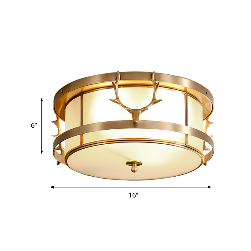 Vintage 4-Light Brass Antler Ceiling Lamp With Opal Glass Shade