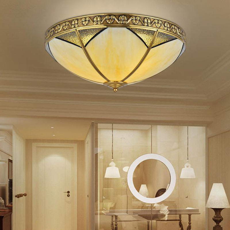 Beige Glass Flush Mount Brass Dome Ceiling Lamp - Perfect For Rural Living Room Lighting