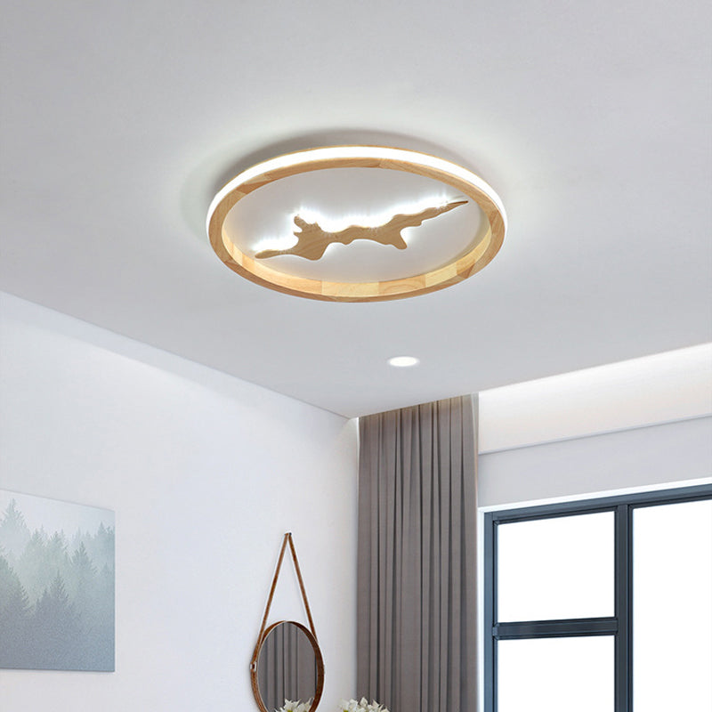 Minimalist Wood Circle Ceiling Light Dark Brown/Light Brown Led Flush Fixture - 17/21/25 Wide