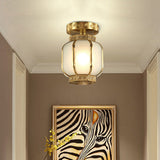 Traditional Brass Metal Semi Flush Lantern Ceiling Light With Opal Glass Shade