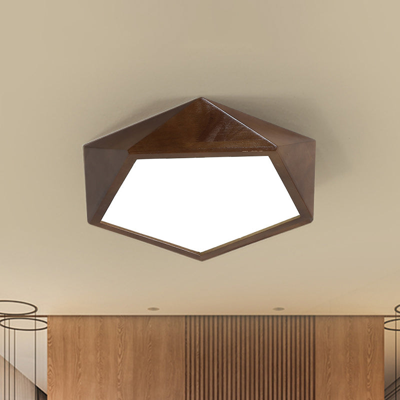 Minimalist Brown Wooden Flush Mount Led Ceiling Lamp - Faceted Pentagon Design (13/16/19.5 Wide) /
