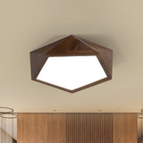 Minimalist Brown Wooden Flush Mount Led Ceiling Lamp - Faceted Pentagon Design (13/16/19.5 Wide) /