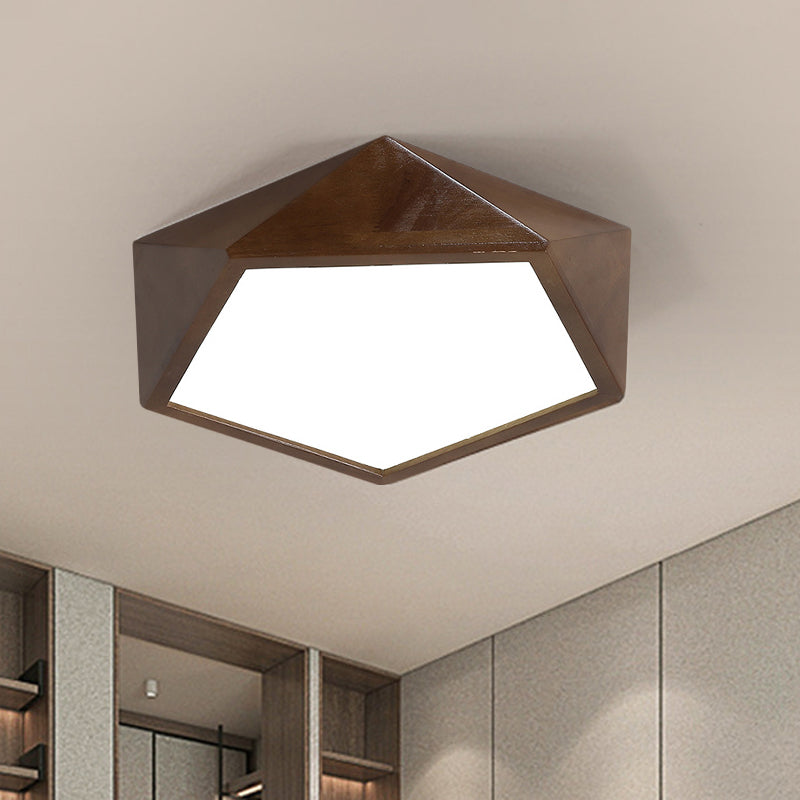 Minimalist Brown Wooden Flush Mount Led Ceiling Lamp - Faceted Pentagon Design (13/16/19.5 Wide)