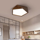 Minimalist Brown Wooden Flush Mount Led Ceiling Lamp - Faceted Pentagon Design (13/16/19.5 Wide)