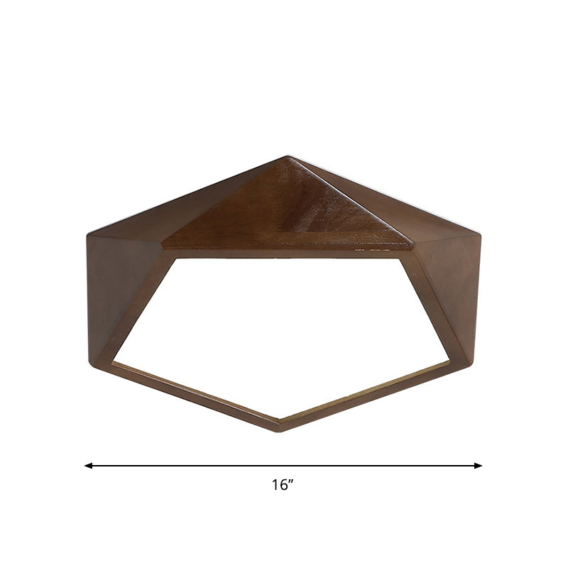 Minimalist Brown Wooden Flush Mount Led Ceiling Lamp - Faceted Pentagon Design (13/16/19.5 Wide)