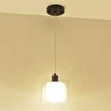 Modern Square Hanging Light Fixture With Clear And White Glass 1 Head Black Pendant Ceiling