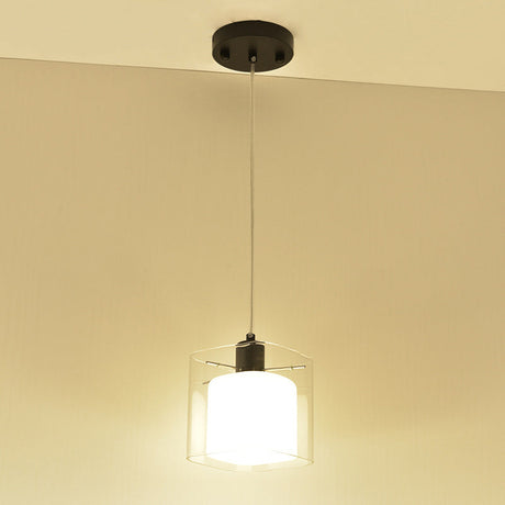 Modern Square Hanging Light Fixture With Clear And White Glass 1 Head Black Pendant Ceiling