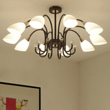 Rustic Black Iron Chandelier Light With Frosted Cone Glass Shades - 6/8/10 Heads Curved Arm Design