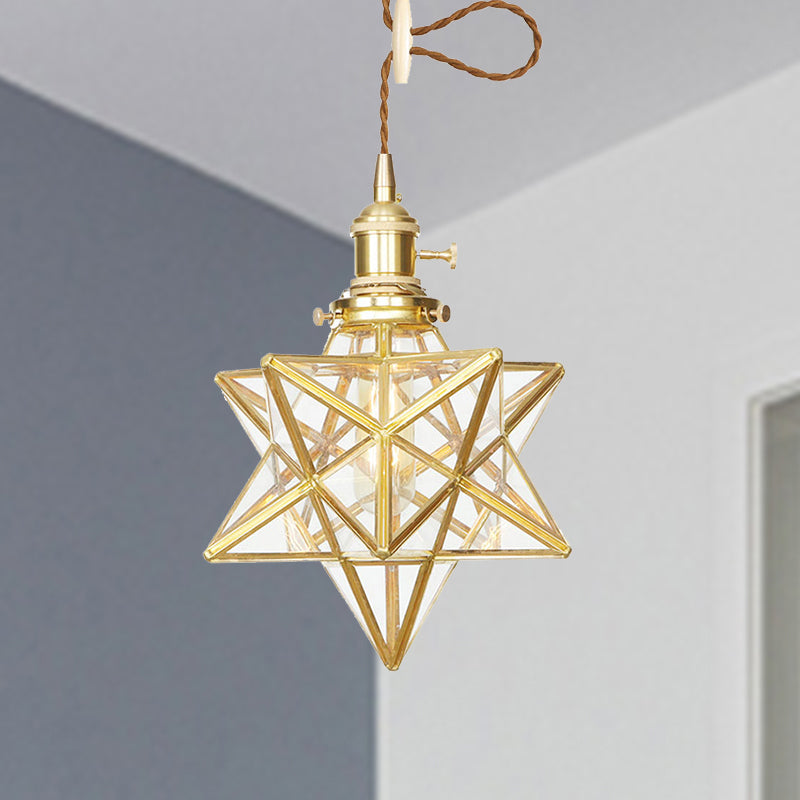 Postmodern Star Shaped Pendant Light Kit - Brass 1 With Clear/Frosted Glass And Adjustable Rope