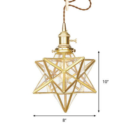 Postmodern Star Shaped Pendant Light Kit - Brass 1 With Clear/Frosted Glass And Adjustable Rope