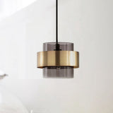 Modern Smoke Gray Glass Cylinder Pendant Light With Gold Accents