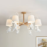 Contemporary White Barrel Chandelier Lamp - 6-Head Fabric Suspension Light With Angel Decoration