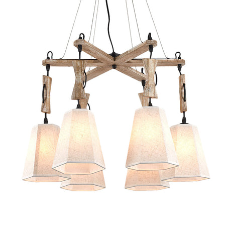 Contemporary Fabric Hexagon Chandelier With 6 Black/White/Flaxen Heads For Dining Room