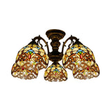 Baroque Semi Flush Ceiling Light In Aged Brass With Stained Glass Dome Shade