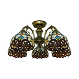 Baroque Semi Flush Ceiling Light In Aged Brass With Stained Glass Dome Shade