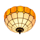Traditional Blue/Yellow Stained Glass Shade Flush Mount Lamp - 2 Heads Ceiling Fixture For Bedroom